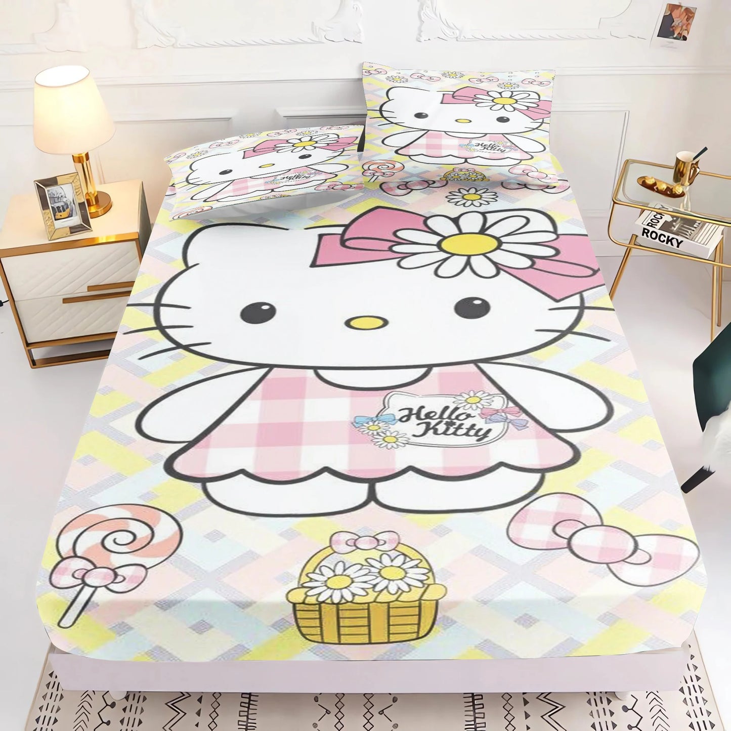 Holle Kitty Printed Fitted Sheet Comforte Bed Cover Full Set 3D Children'S Bedding Anime Room Decor Home
