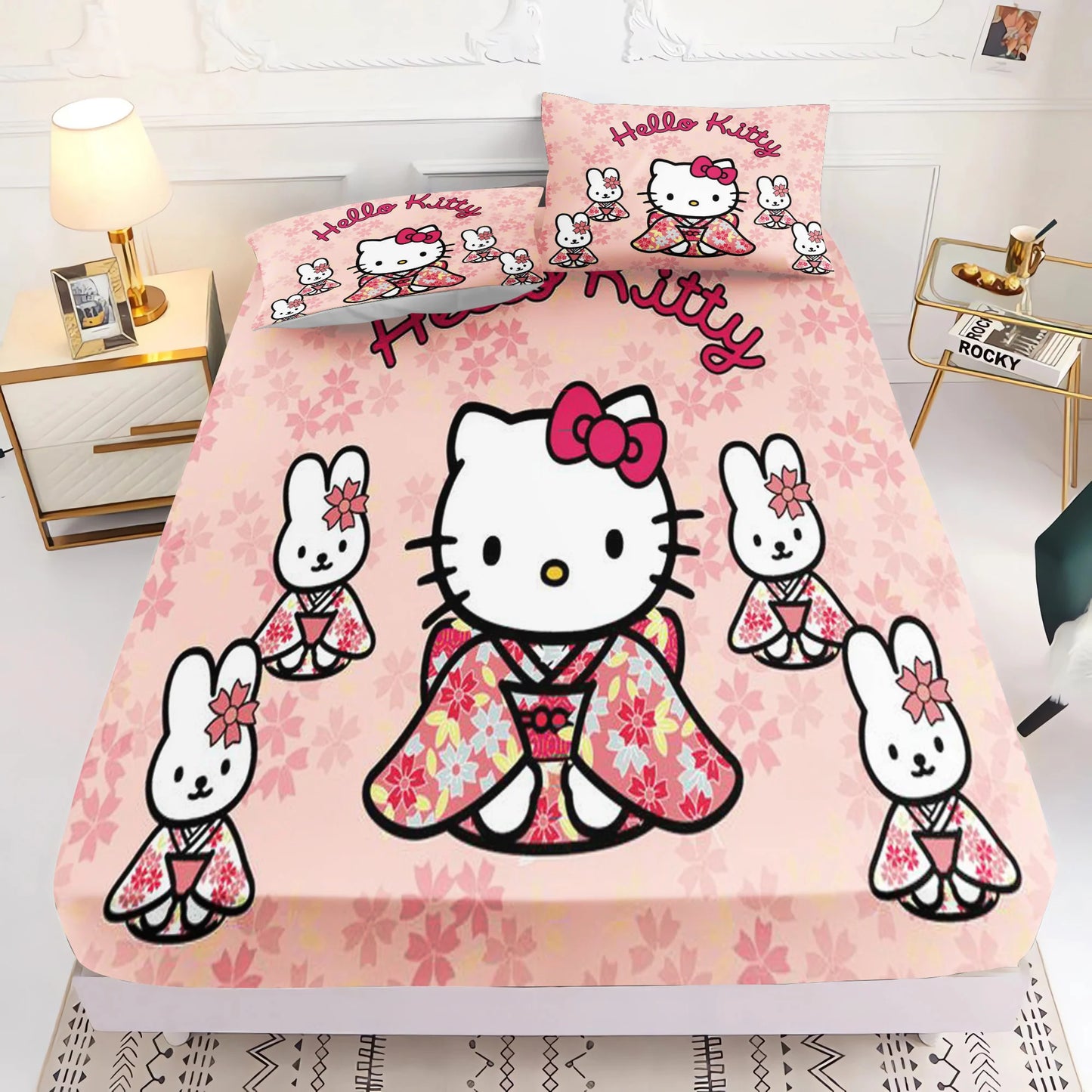 Holle Kitty Printed Fitted Sheet Comforte Bed Cover Full Set 3D Children'S Bedding Anime Room Decor Home