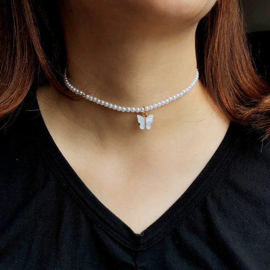 Elegant Pearl Choker Butterfly Necklace