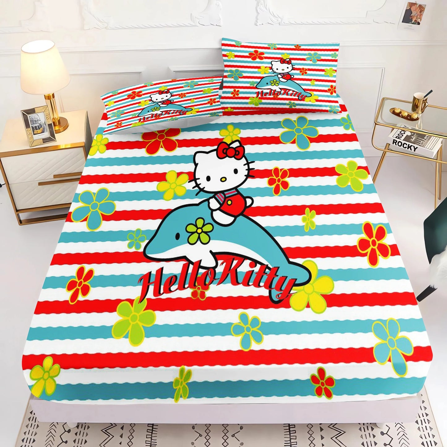Holle Kitty Printed Fitted Sheet Comforte Bed Cover Full Set 3D Children'S Bedding Anime Room Decor Home