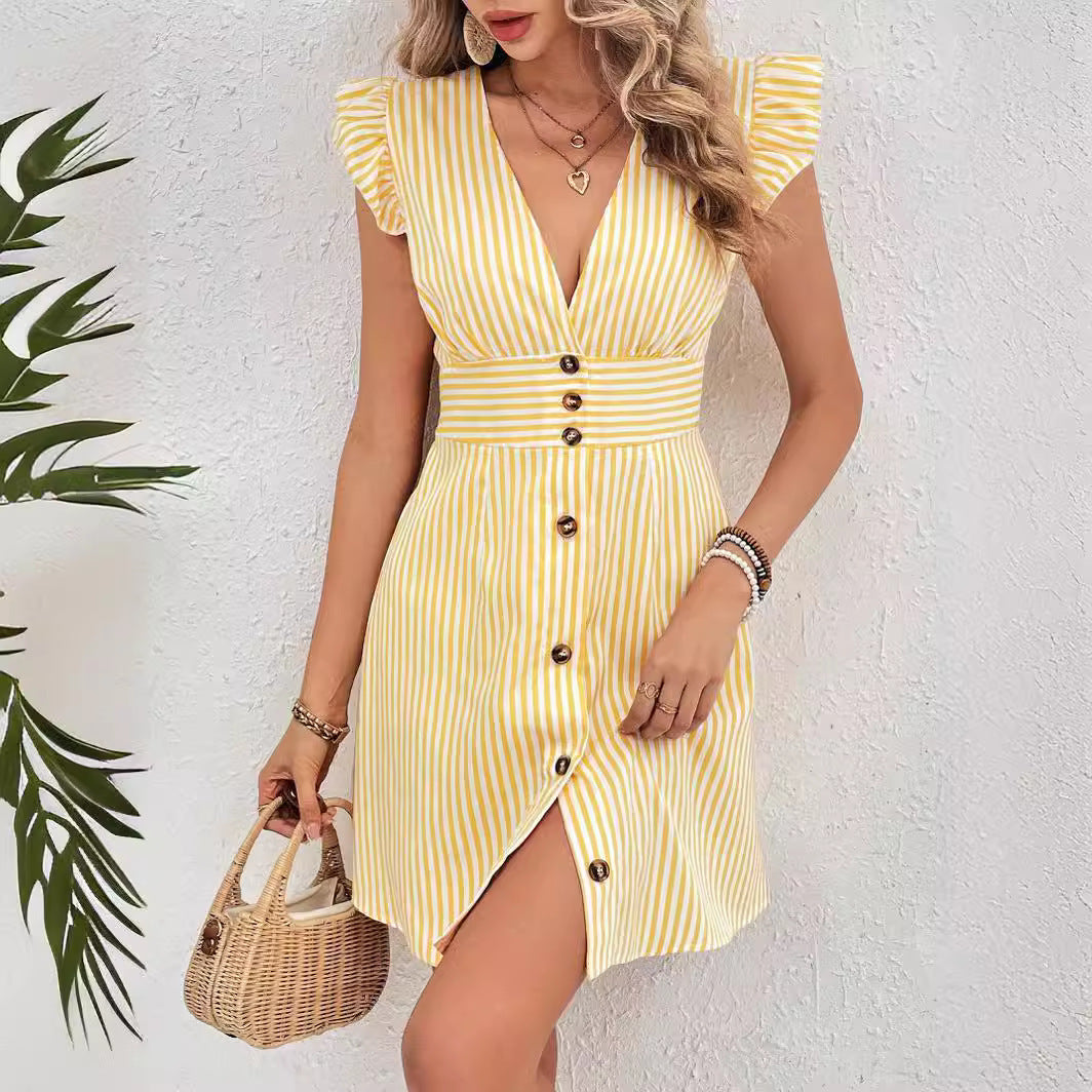 V-neck Single-breasted Stripe Shirt Dress
