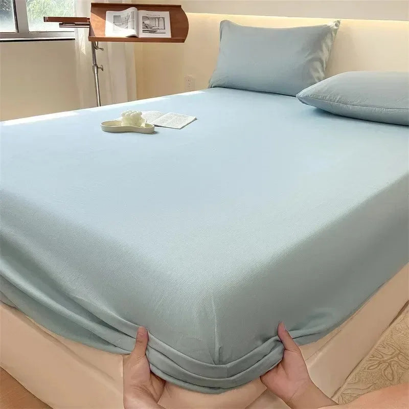 Bed Sheet with Elastic Washed Cotton Blue Flower Printed Fitted Sheet Single/Queen/King Mattress Cover set for Double Beds