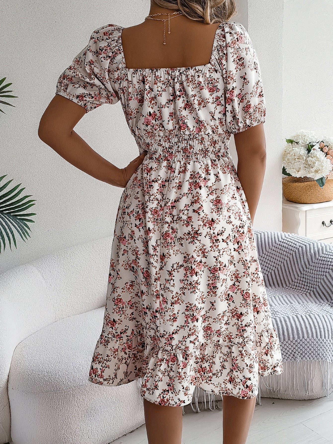 Summer Floral Ruffle Square Dress
