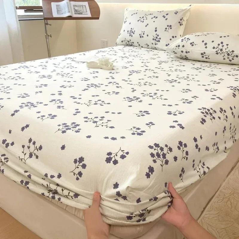 Bed Sheet with Elastic Washed Cotton Blue Flower Printed Fitted Sheet Single/Queen/King Mattress Cover set for Double Beds