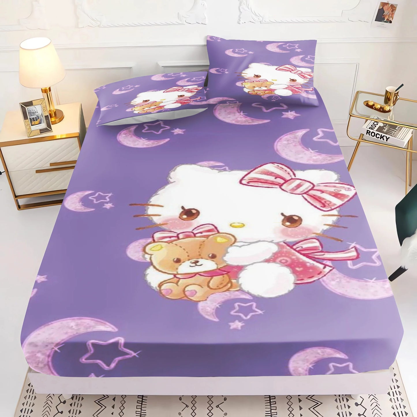 Holle Kitty Printed Fitted Sheet Comforte Bed Cover Full Set 3D Children'S Bedding Anime Room Decor Home