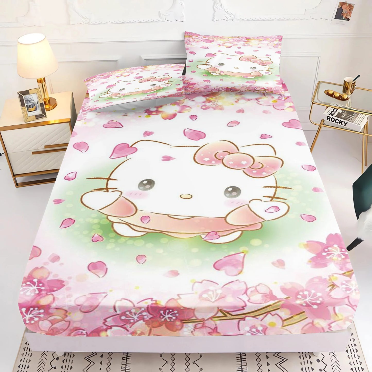 Holle Kitty Printed Fitted Sheet Comforte Bed Cover Full Set 3D Children'S Bedding Anime Room Decor Home