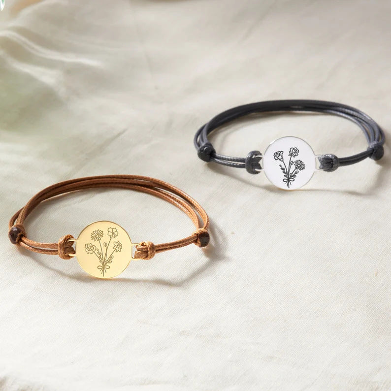 European And American Hot-selling Titanium Steel December Natural Flower Laser Engraving Bracelet Braided Rope Adjustable Size Custom Bracelet