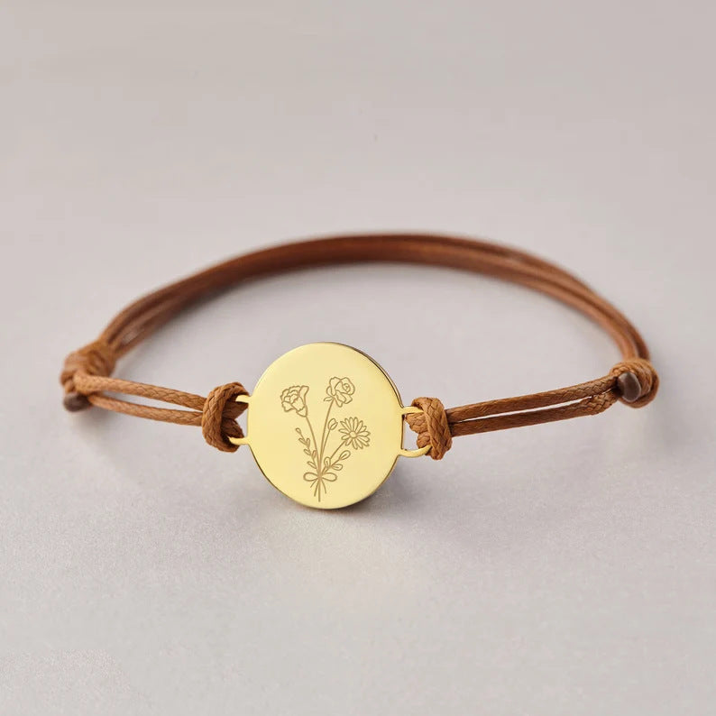 European And American Hot-selling Titanium Steel December Natural Flower Laser Engraving Bracelet Braided Rope Adjustable Size Custom Bracelet