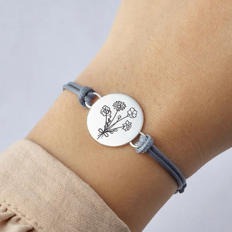 European And American Hot-selling Titanium Steel December Natural Flower Laser Engraving Bracelet Braided Rope Adjustable Size Custom Bracelet
