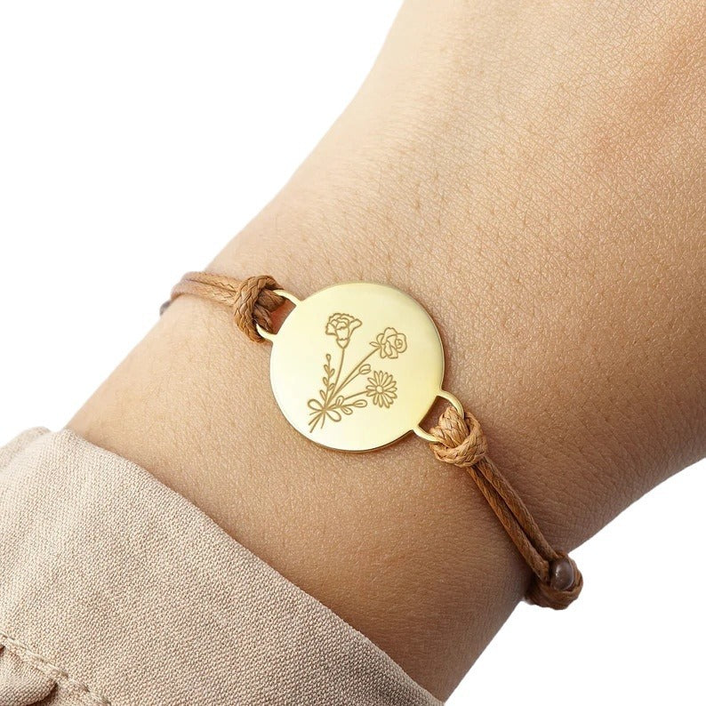 European And American Hot-selling Titanium Steel December Natural Flower Laser Engraving Bracelet Braided Rope Adjustable Size Custom Bracelet