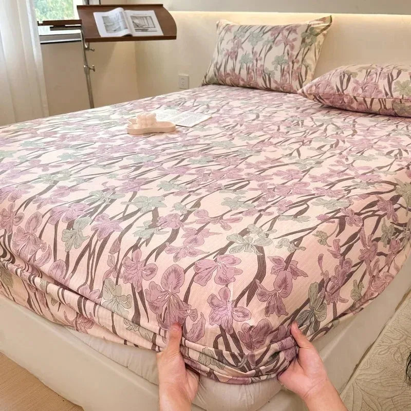 Bed Sheet with Elastic Washed Cotton Blue Flower Printed Fitted Sheet Single/Queen/King Mattress Cover set for Double Beds