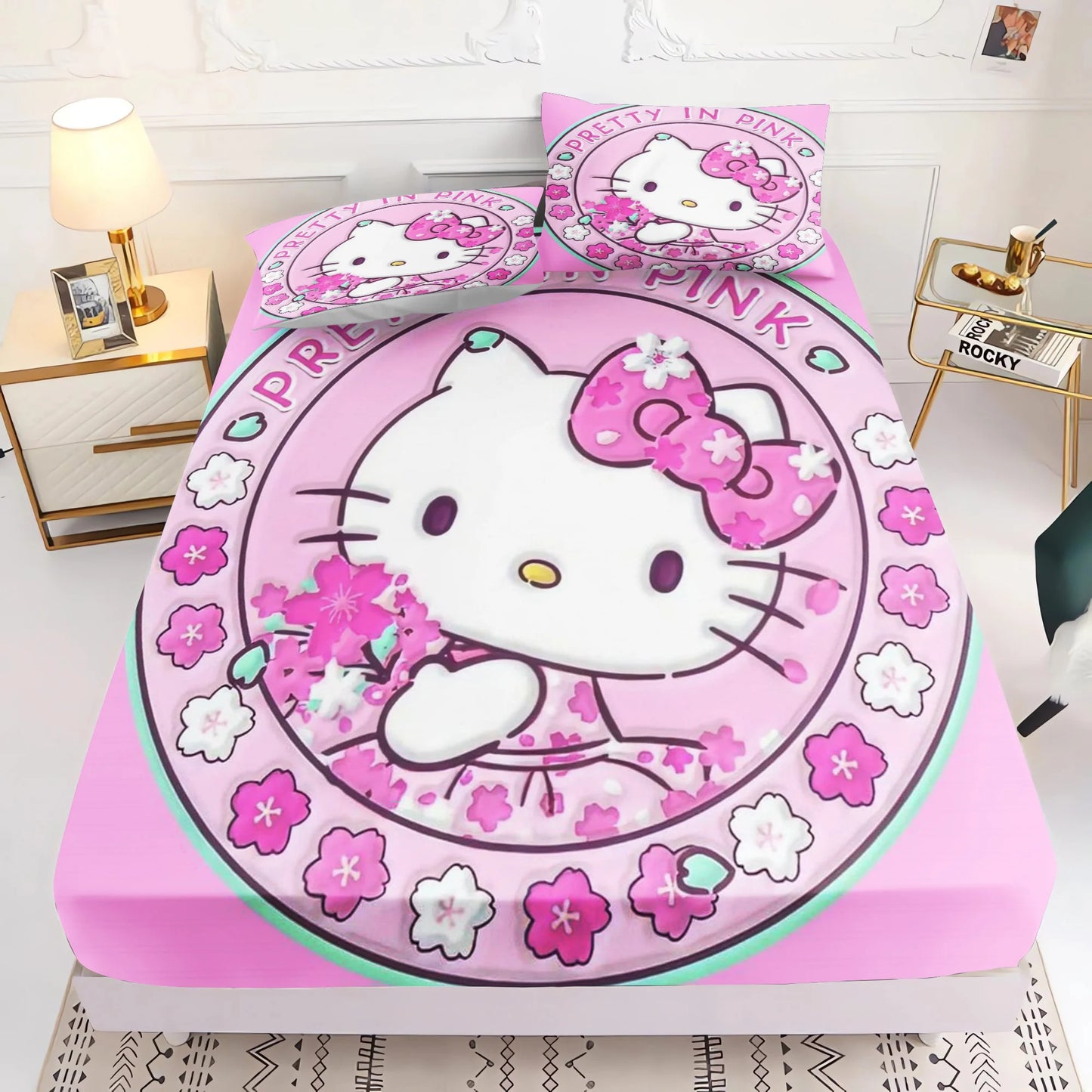 Holle Kitty Printed Fitted Sheet Comforte Bed Cover Full Set 3D Children'S Bedding Anime Room Decor Home