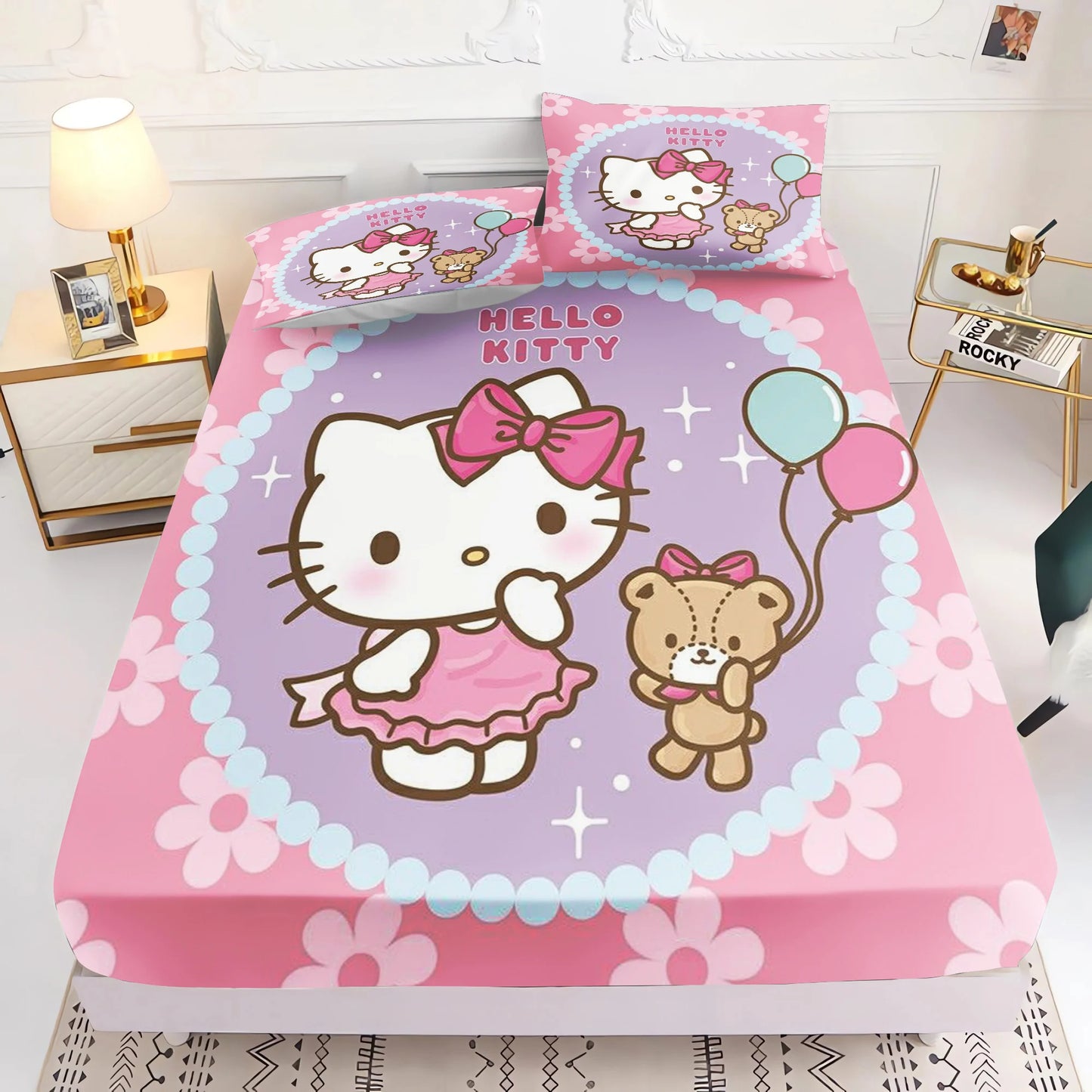 Holle Kitty Printed Fitted Sheet Comforte Bed Cover Full Set 3D Children'S Bedding Anime Room Decor Home