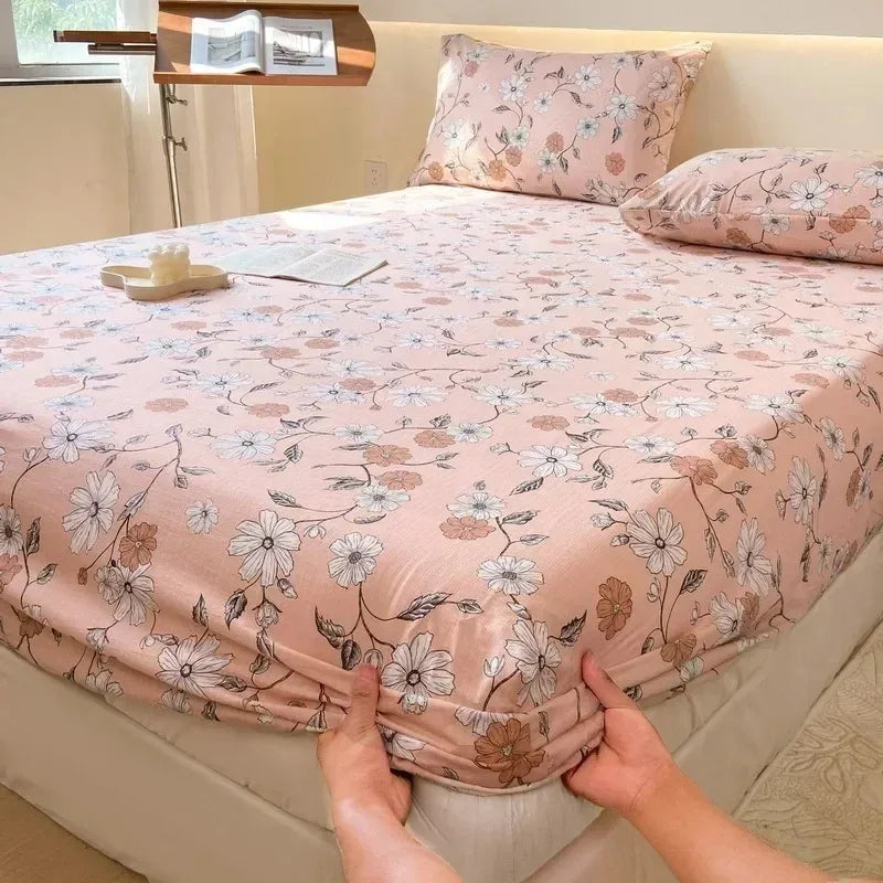Bed Sheet with Elastic Washed Cotton Blue Flower Printed Fitted Sheet Single/Queen/King Mattress Cover set for Double Beds