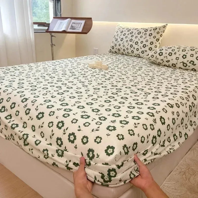 Bed Sheet with Elastic Washed Cotton Blue Flower Printed Fitted Sheet Single/Queen/King Mattress Cover set for Double Beds