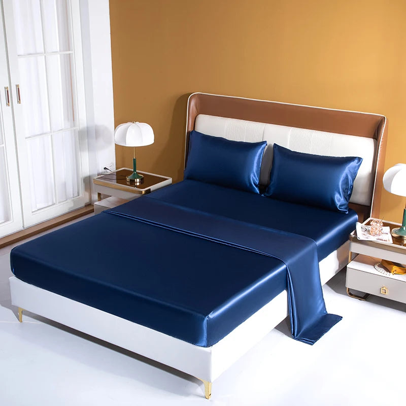Satin Bedding Sheet Set Solid Color Fitted Sheet Set Single Double King Size Bed Sheet Set Luxury Rayon Flat Sheet Set