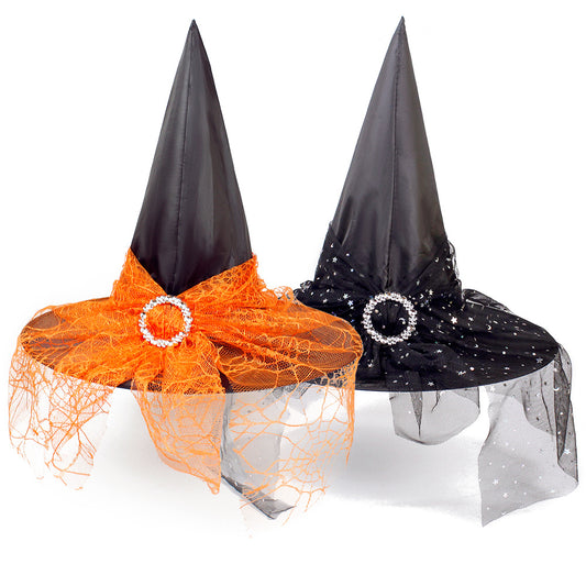 Cross-border Halloween Decoration Props Witch Hat Adult Children Cosplay Witch Headgear Dress Up Polyester Taffeta