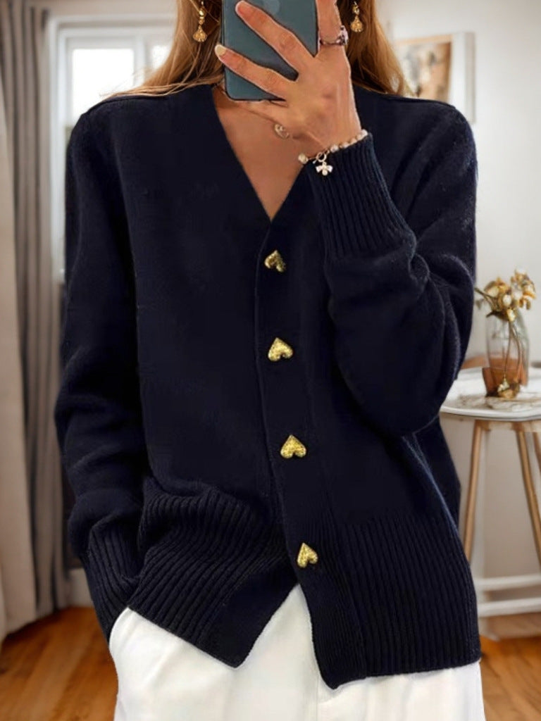 V-neck Love Button Knitted Sweater