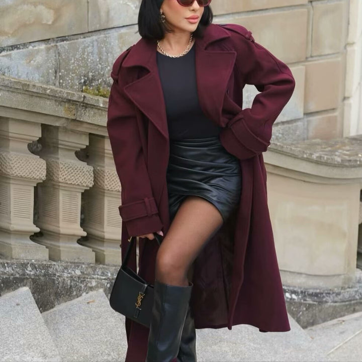 Lapel Woolen Belted Double-Breasted Coat