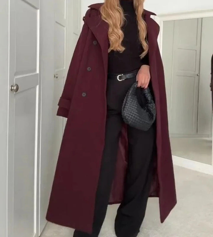 Lapel Woolen Belted Double-Breasted Coat