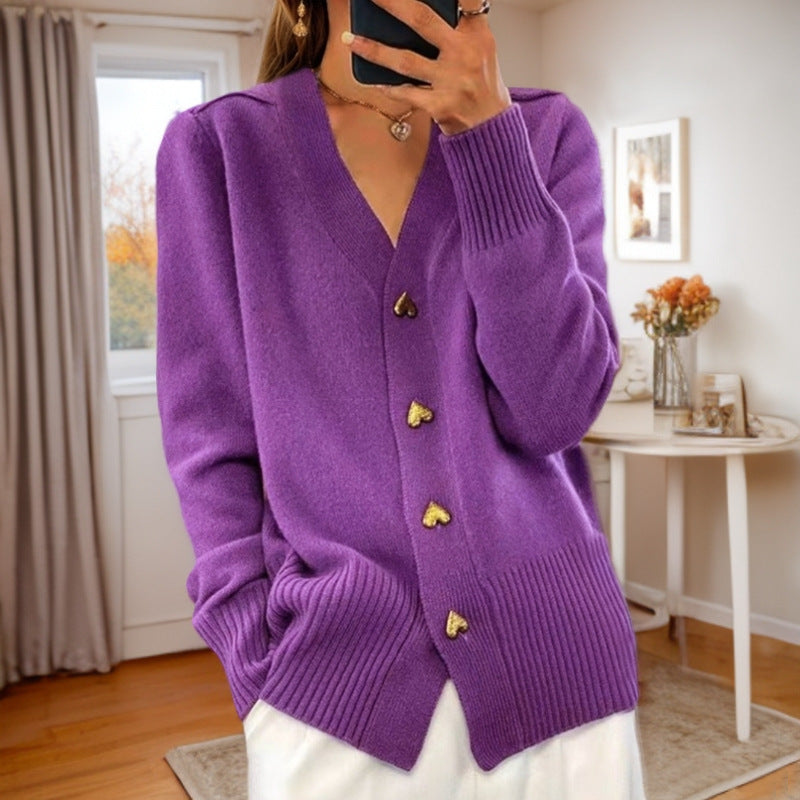 V-neck Love Button Knitted Sweater