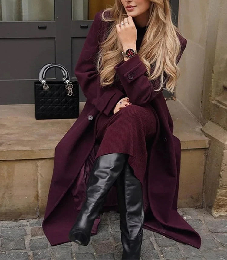 Lapel Woolen Belted Double-Breasted Coat