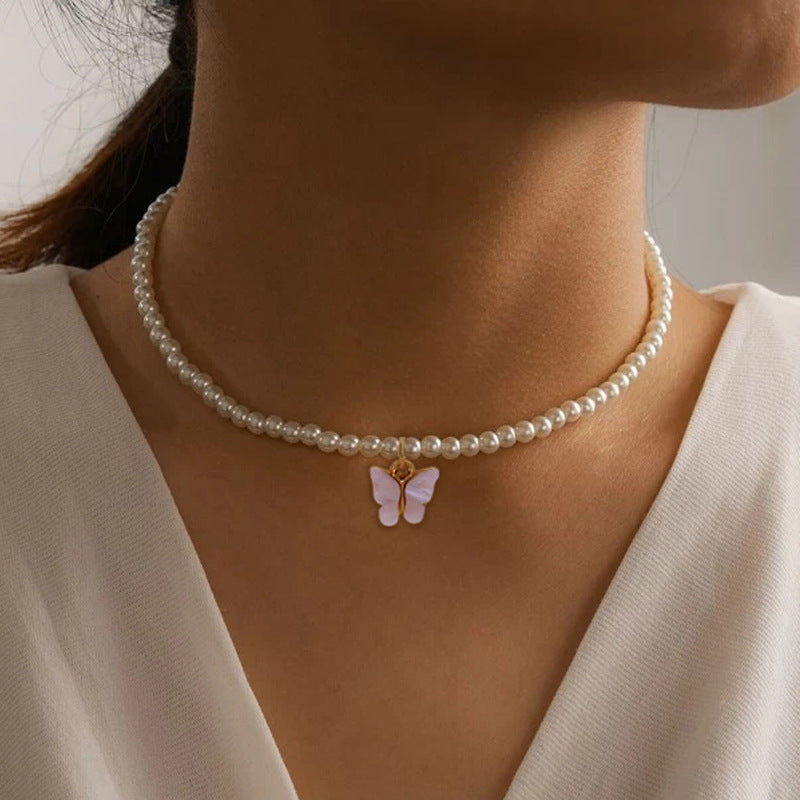 Elegant Pearl Choker Butterfly Necklace