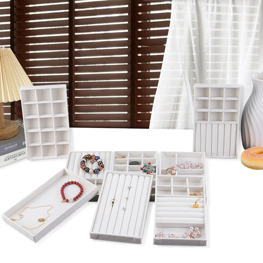 Velvet Jewelry Display Exquisite Jewellery Holder Portable Ring Earrings Necklace Organizer Storage Box Organizator Trays Beige