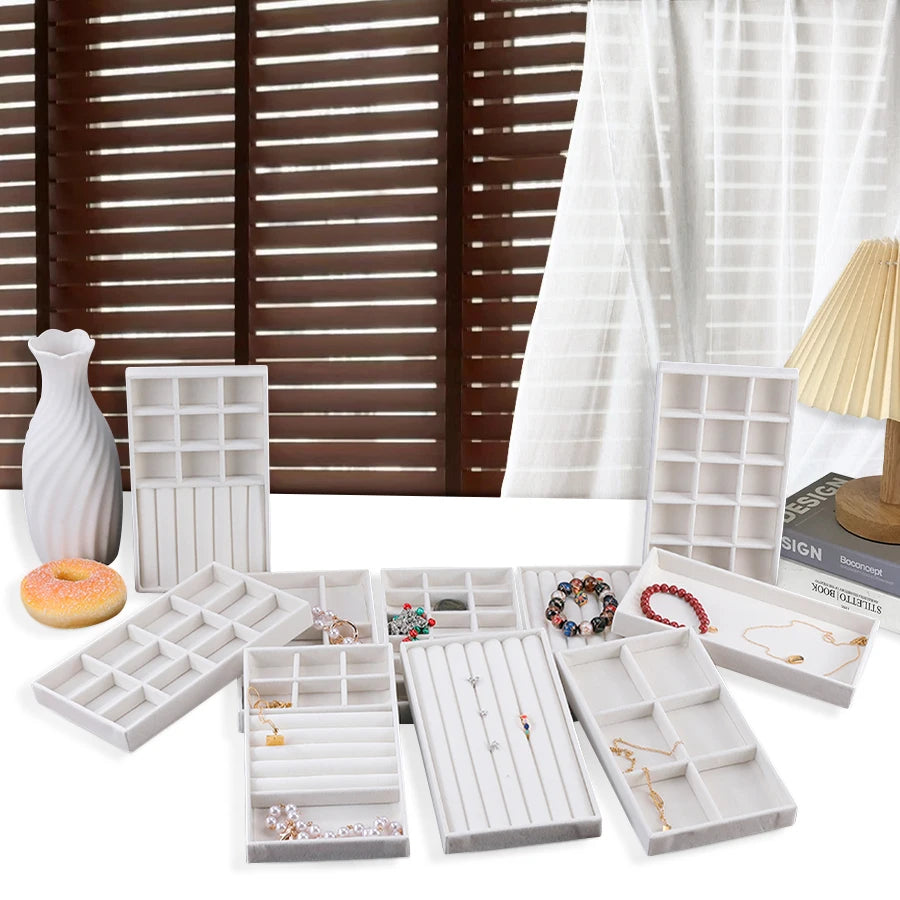 Velvet Jewelry Display Exquisite Jewellery Holder Portable Ring Earrings Necklace Organizer Storage Box Organizator Trays Beige