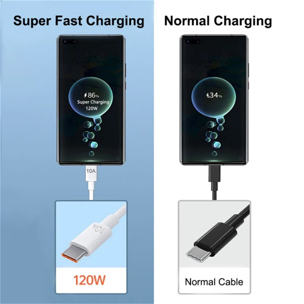 USB Type C Cable 120W 10A Fast Charging Wire Mobile Phone USB For Huawei P30 Xiaomi Realme Samsung Poco x6 USB C Data Cable Cord
