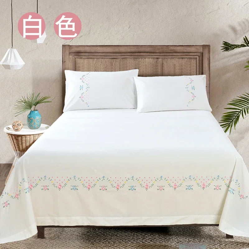 100% Cotton Greek Key Embroidery, 3-Piece Twin XL Kendell Bed Sheet Set, White/ Light Green/Pink