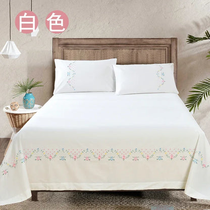 100% Cotton Greek Key Embroidery, 3-Piece Twin XL Kendell Bed Sheet Set, White/ Light Green/Pink