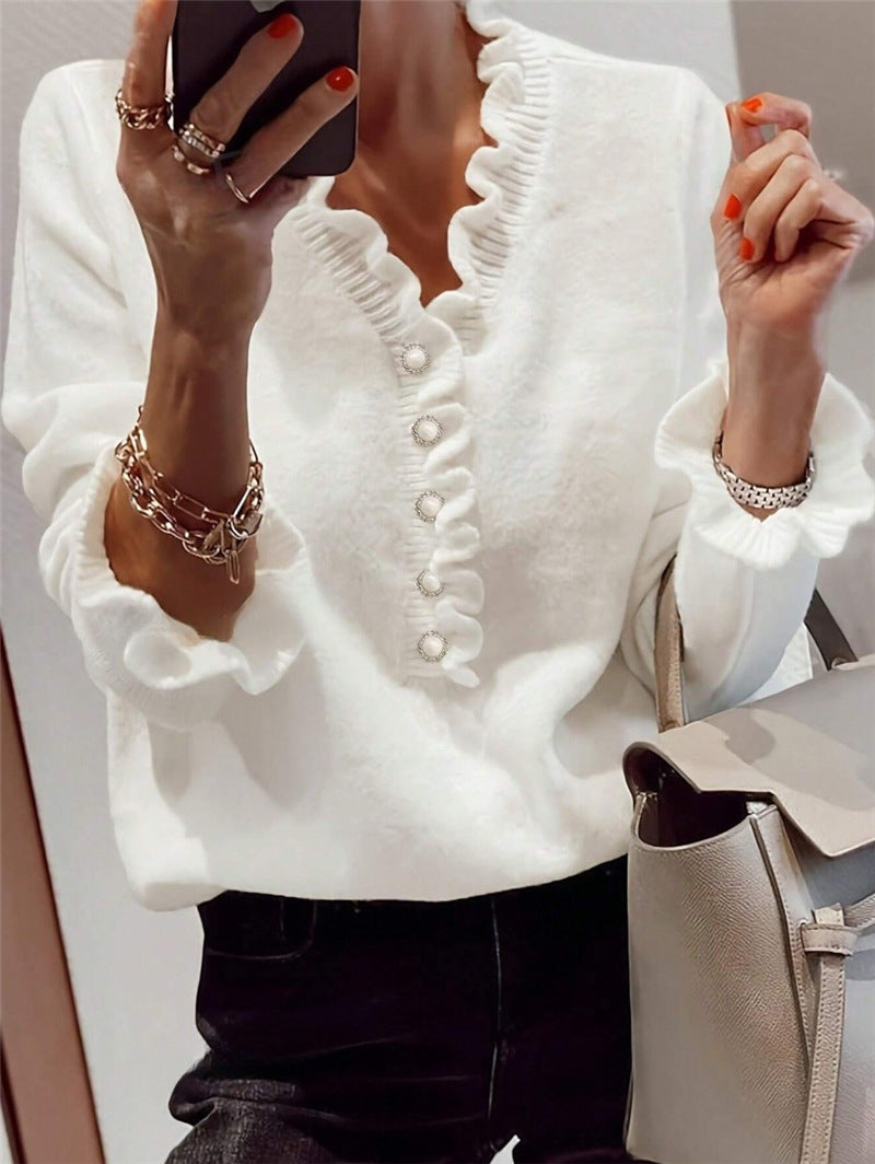 V-neck Ruffled Winter Knitted Sweater