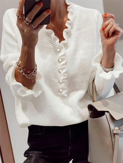 V-neck Ruffled Winter Knitted Sweater