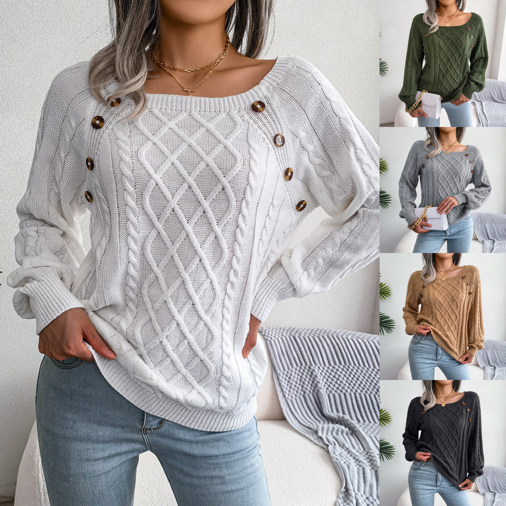 Button Design Square Neck Sweater