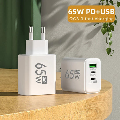65W USB-C Fast Charging Charger PD Quick Charge 3.0 Wall Adapter for iPhone 15 Xiaomi POCO Samsung Oneplus - Phone Charging