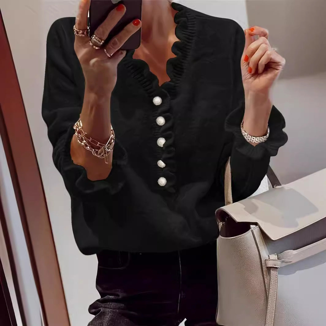 V-neck Ruffled Winter Knitted Sweater