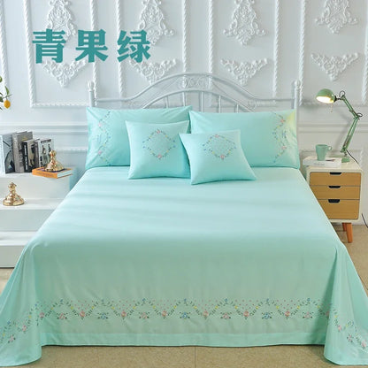 100% Cotton Greek Key Embroidery, 3-Piece Twin XL Kendell Bed Sheet Set, White/ Light Green/Pink