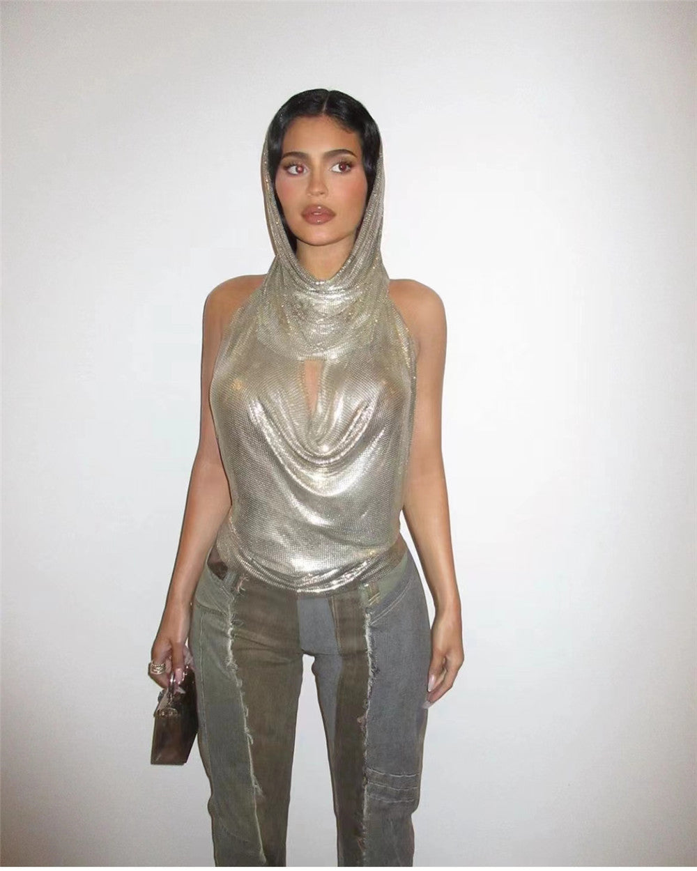 Back Slit Metal Sequins Top Scarf Two-piece Set