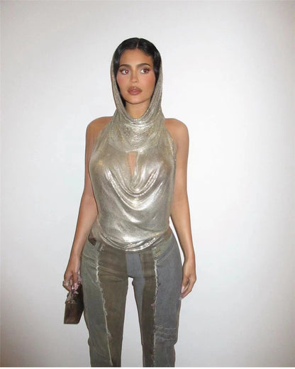 Back Slit Metal Sequins Top Scarf Two-piece Set