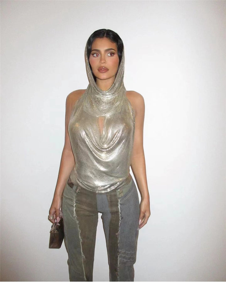 Back Slit Metal Sequins Top Scarf Two-piece Set