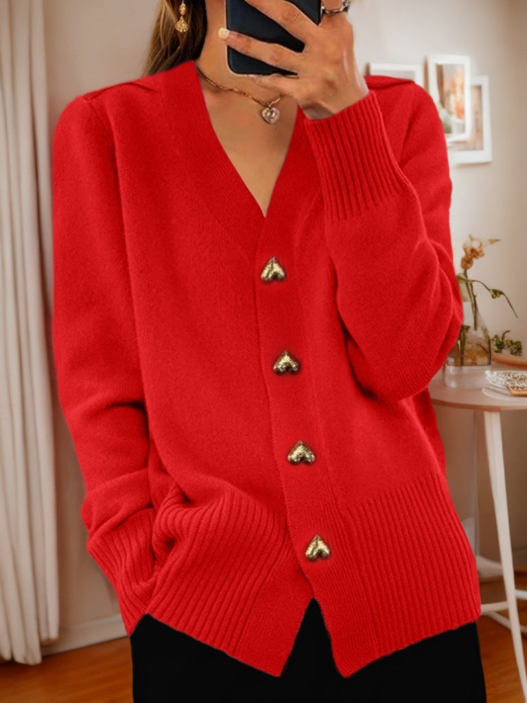 V-neck Love Button Knitted Sweater