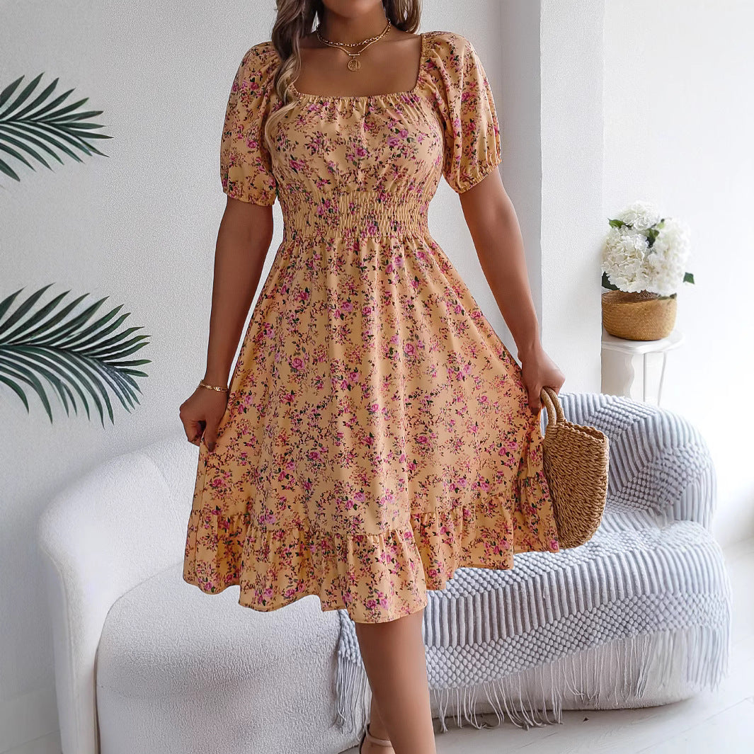 Summer Floral Ruffle Square Dress
