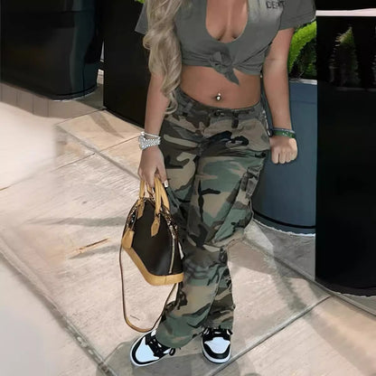 High Waist Straight Multi-color Polyester Fiber Camouflage Overalls
