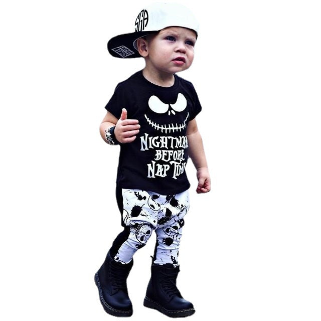 2024 Halloween Black Short-sleeved T-shirt Trousers Children&#039;s Suit Amazon Europe And The United States Summer New Boy&#039;s Clothing Spot
