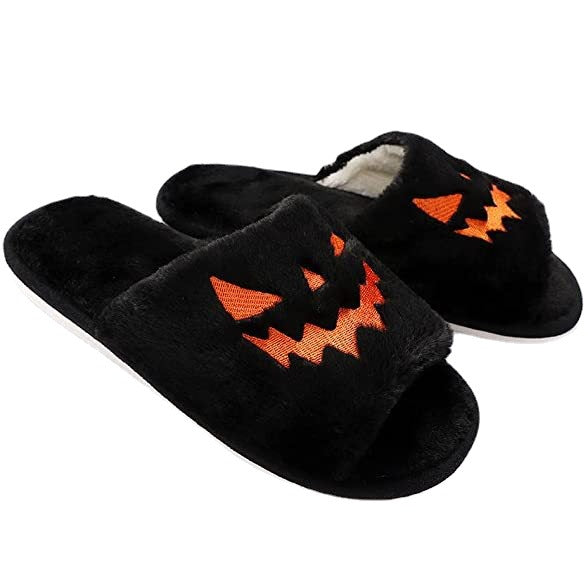 Plus Size Slippers Female Halloween Pumpkin Lantern Soft European And American Plush Open Toe Outer Wear Plush