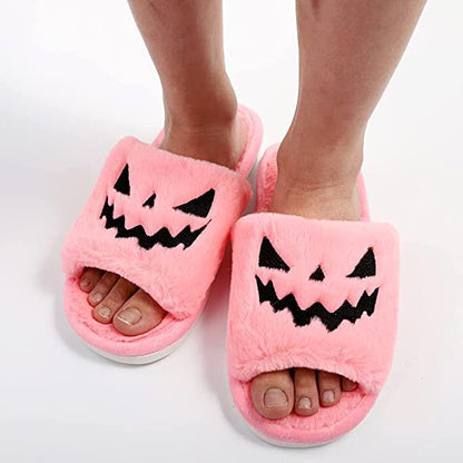 Plus Size Slippers Female Halloween Pumpkin Lantern Soft European And American Plush Open Toe Outer Wear Plush