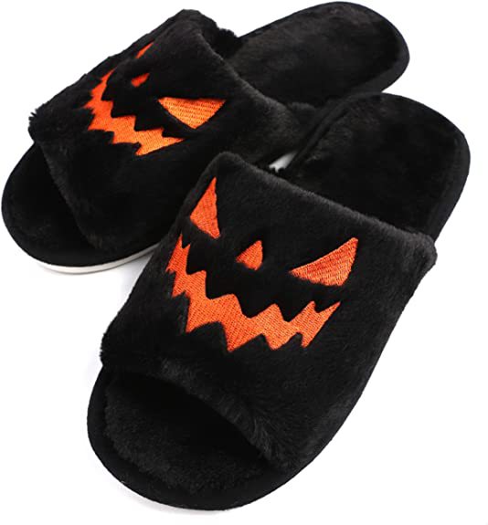 Plus Size Slippers Female Halloween Pumpkin Lantern Soft European And American Plush Open Toe Outer Wear Plush