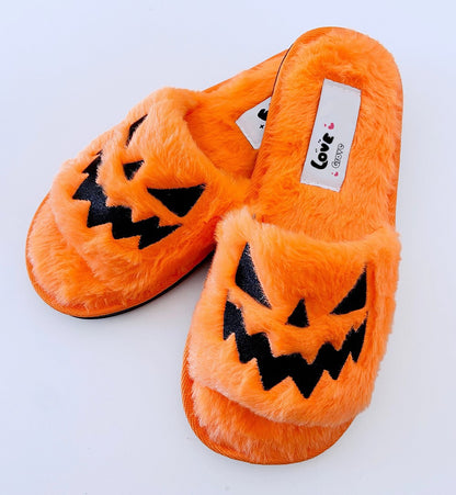 Plus Size Slippers Female Halloween Pumpkin Lantern Soft European And American Plush Open Toe Outer Wear Plush