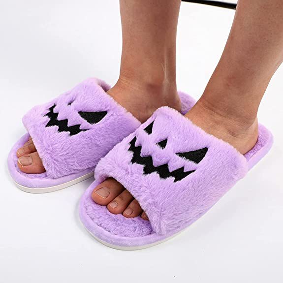 Plus Size Slippers Female Halloween Pumpkin Lantern Soft European And American Plush Open Toe Outer Wear Plush